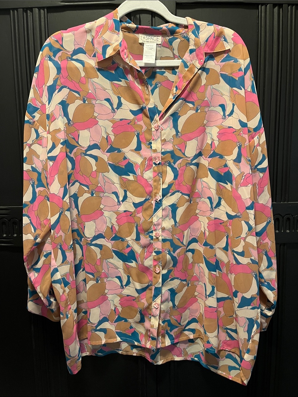 l*space Pink, Tan & Blue Abstract Floral Blouse Tunic Small